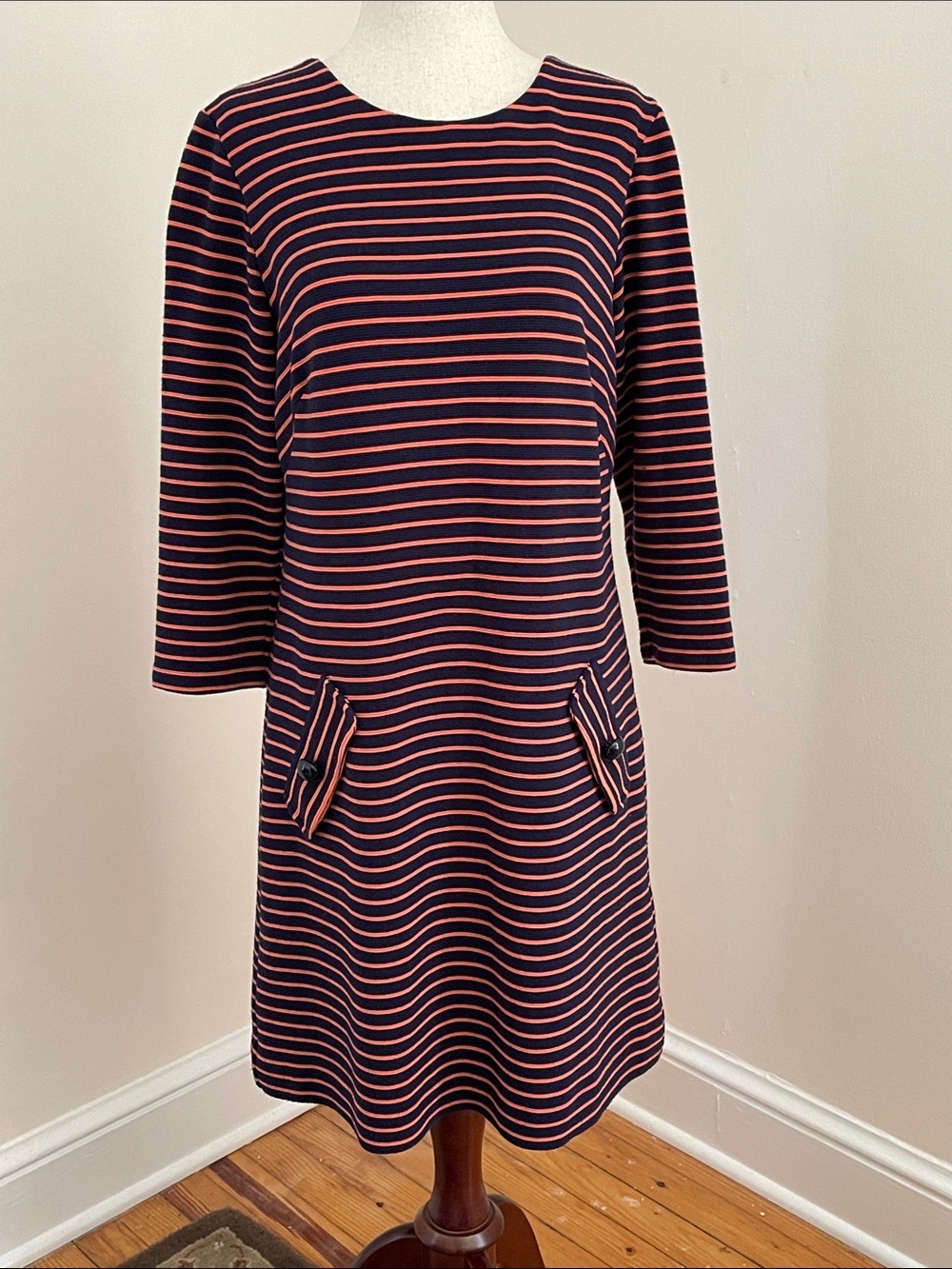 Shoshanna Striped Knit Shift Dress 8 Navy Coral 3/4 Sleeve USA Preppy
